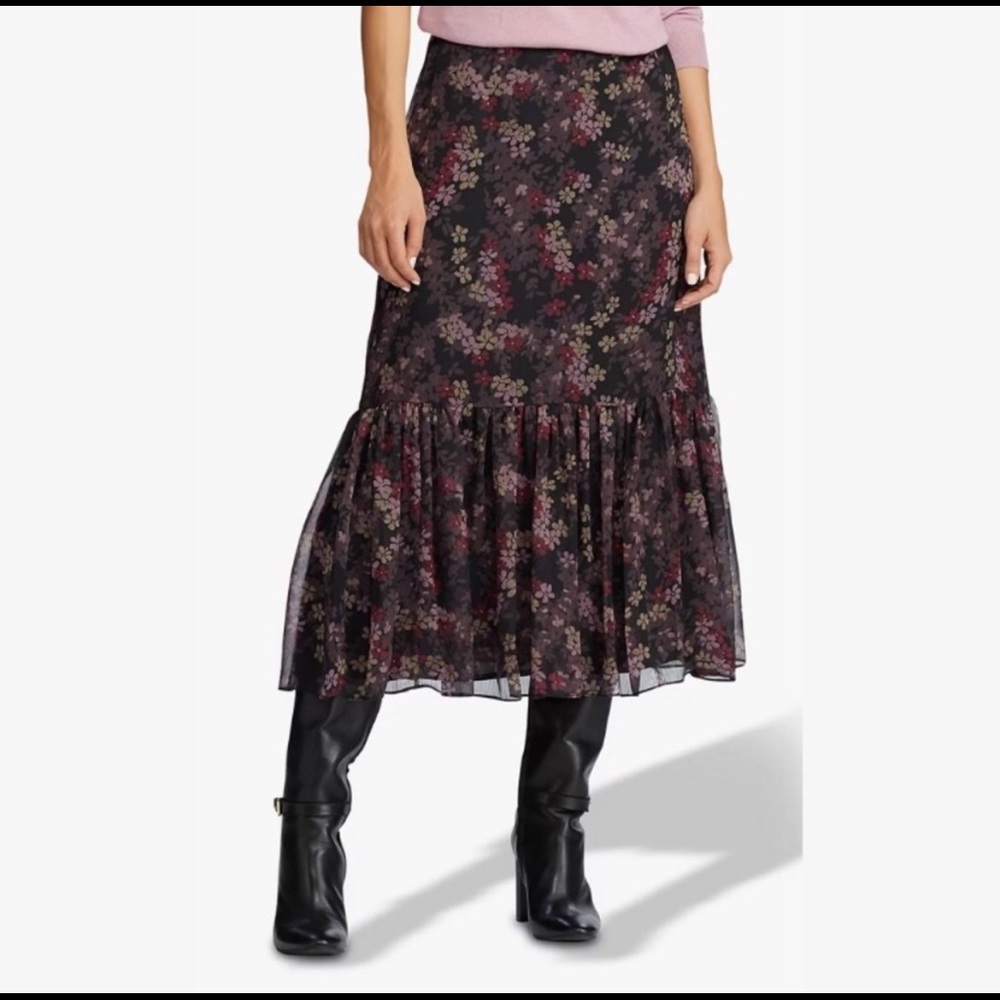 Lauren Ralph Lauren Black Floral Midi Skirt with Ruffle Hem